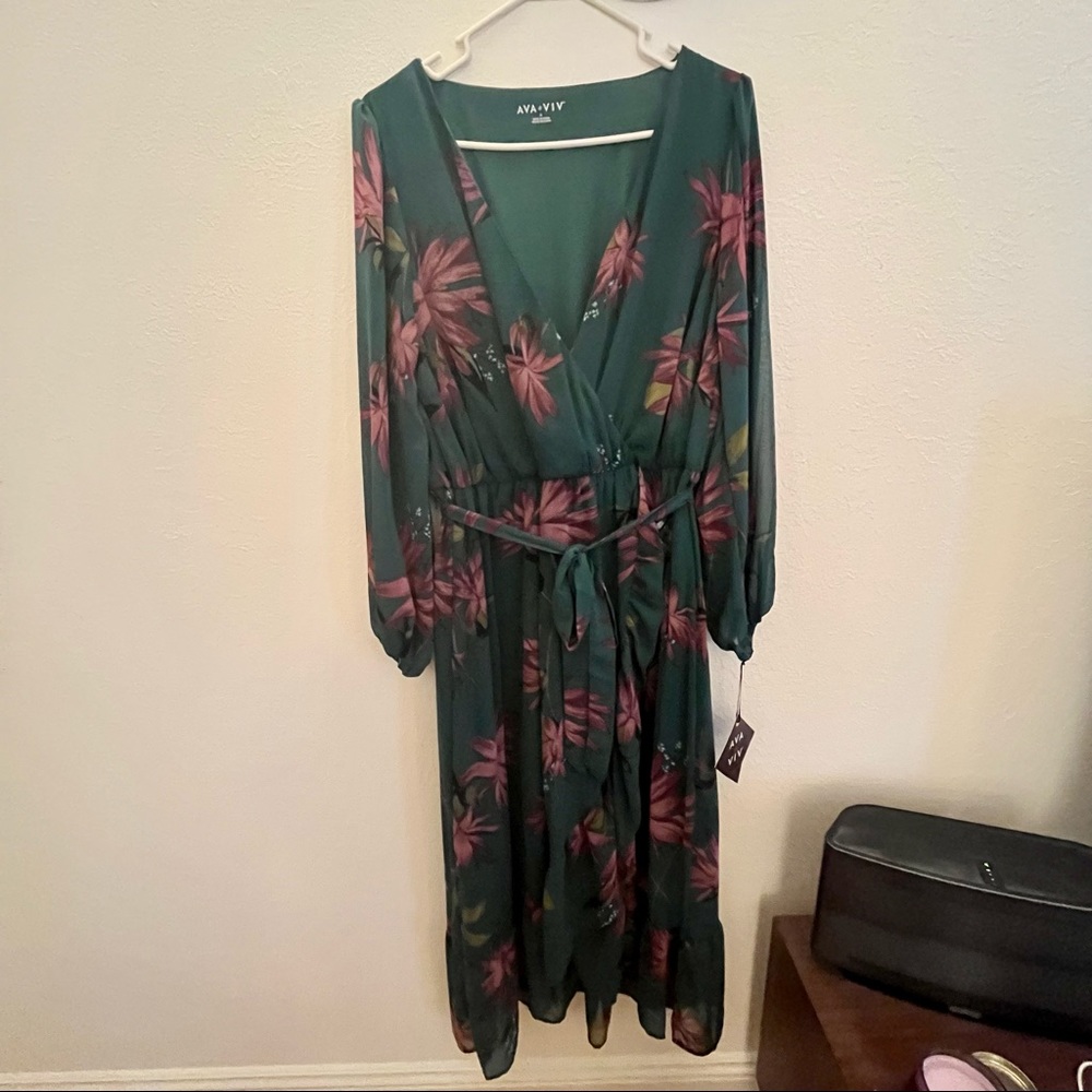 Floral Long Sleeve Faux Wrap Dress